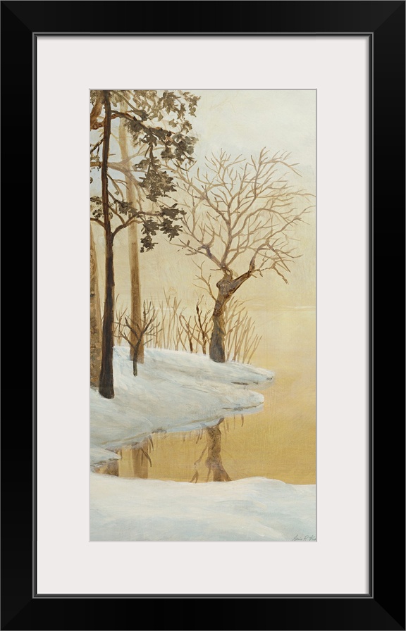 Contemporary painting of a forest clearing seen through fog in winter.