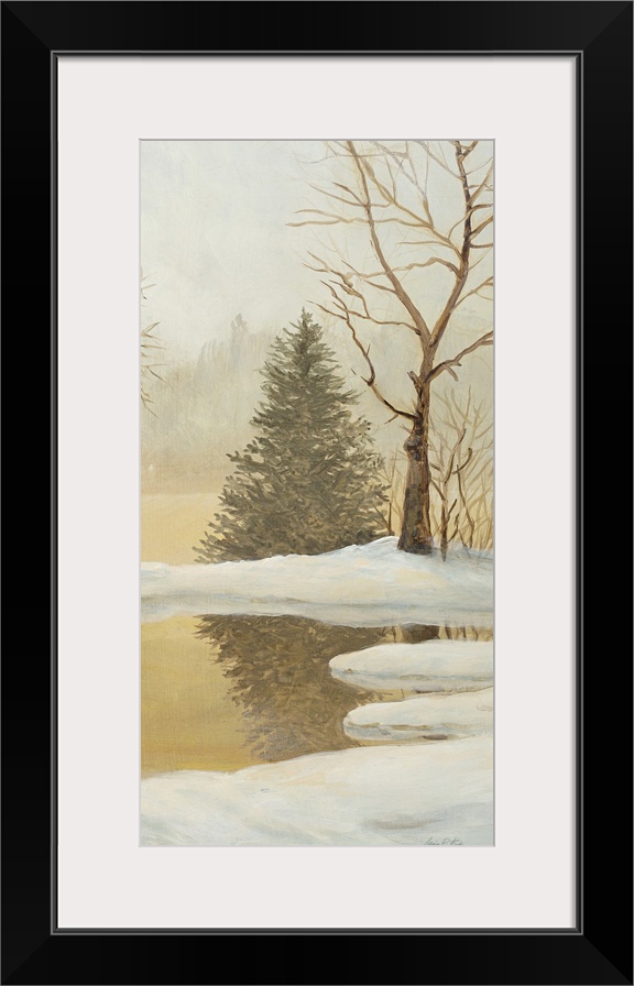 Contemporary painting of a forest clearing seen through fog in winter.