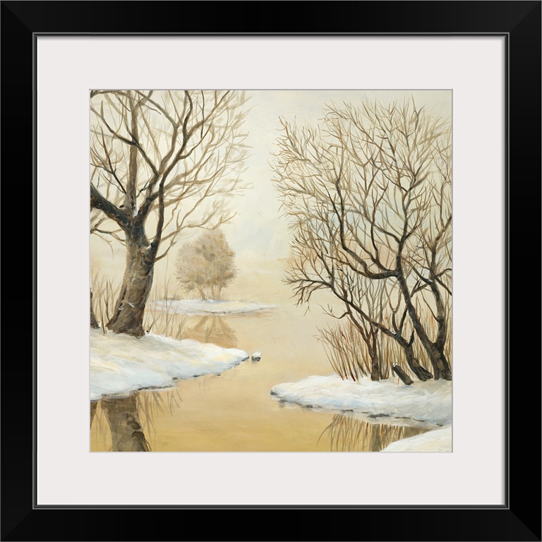 Contemporary painting of a forest clearing seen through fog in winter.