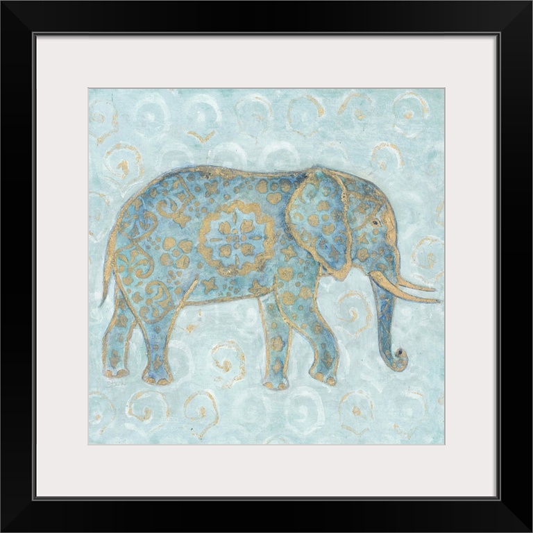 Artwork of an Indian Elephant in blue with a golden design on a pale blue patterned background.