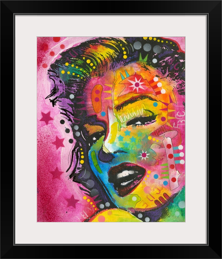 Pop art style painting of Marilyn Monroe with geometric abstract markings on a pink background with stars and circles.