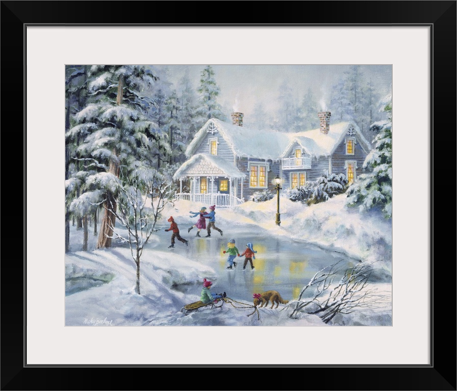 Contemporary artwork of children skating on a frozen pond in front of a house after a snowfall.