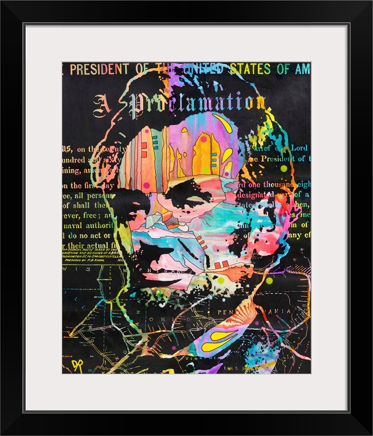 Colorful abstract illustration of Abraham Lincoln with his Proclamation written in the background and part of a street map...