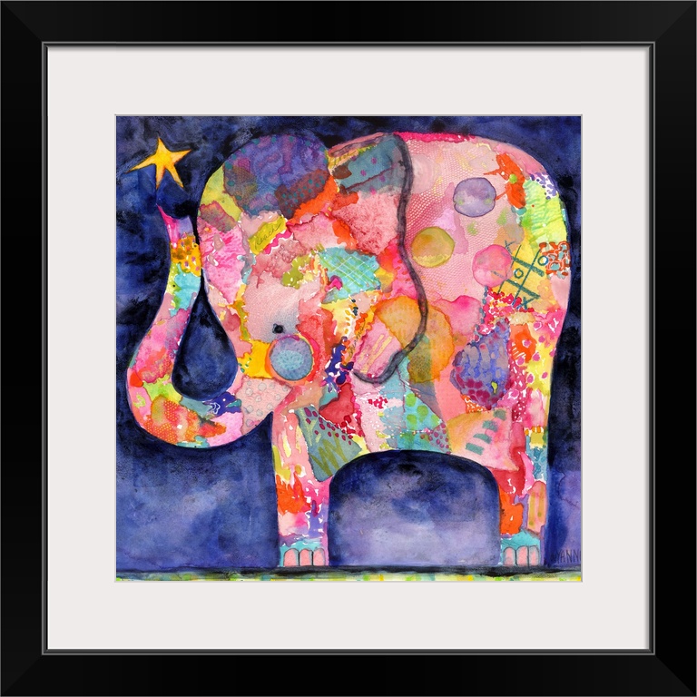 Painting of a colorful elephant with a star above it's trunk.