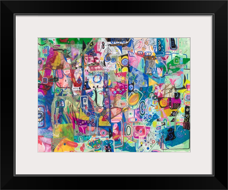 A light, vibrant, contemporary piece of art in a grafitti style in bright pastel colors with elements of mid century design