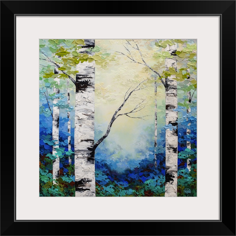 Fine art textured painting of aspen trees and birch trees in sunlit forest Giclee art print on canvas by contemporary abst...