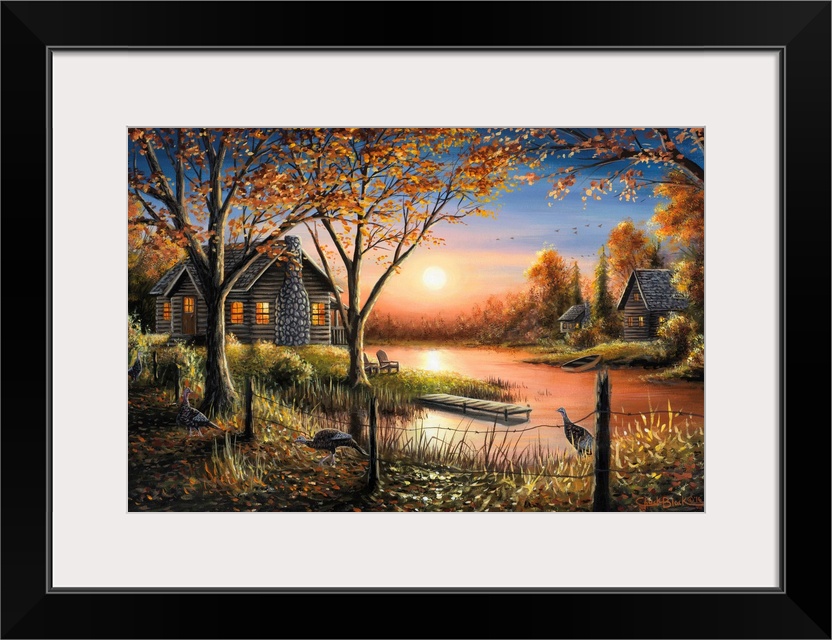 An idyllic painting of a cottage in a serene wilderness setting.