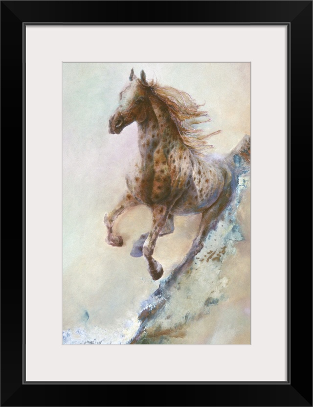 A contemporary painting of a spotted horse running in full gallop.