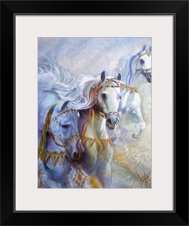A contemporary painting of a White horses running wild.