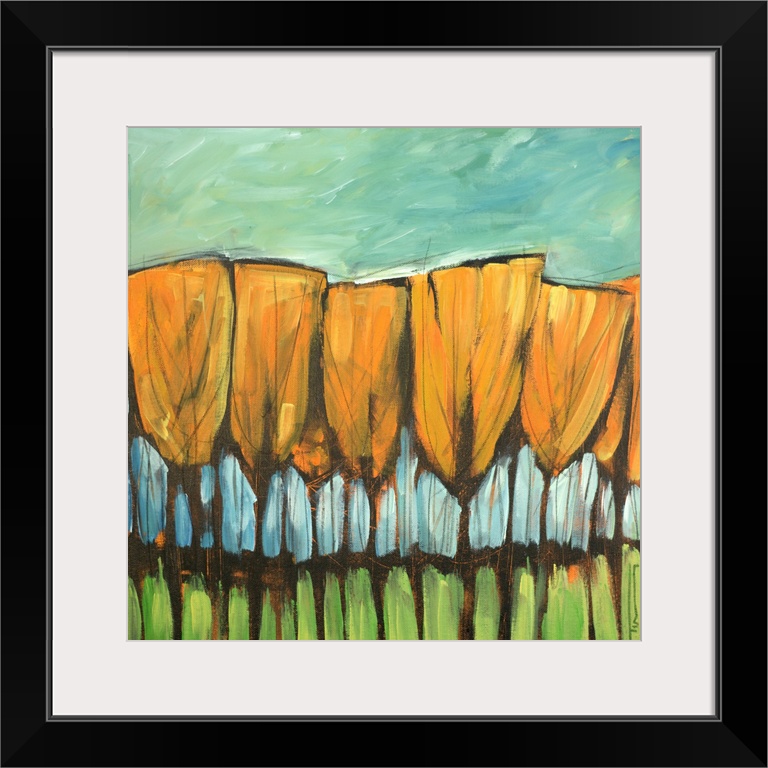 Contemporary painting of a row of trees in fall colors.