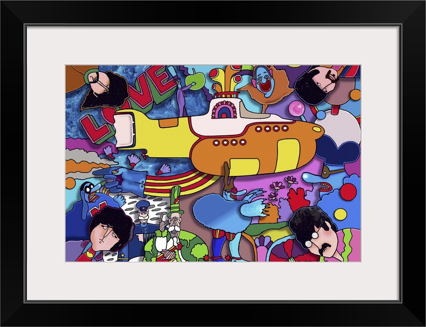 Contemporary artwork of a yellow submarine surrounded by bright colors and musical artists.