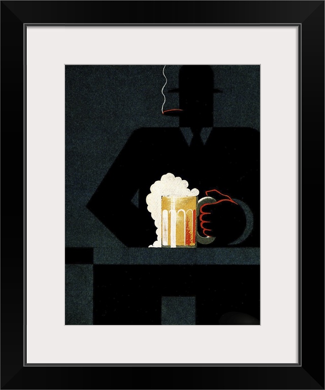 Vintage poster artwork of a bold silhouetted figure smoking a cigar and wearing a hat holding an illuminated mug of beer.
