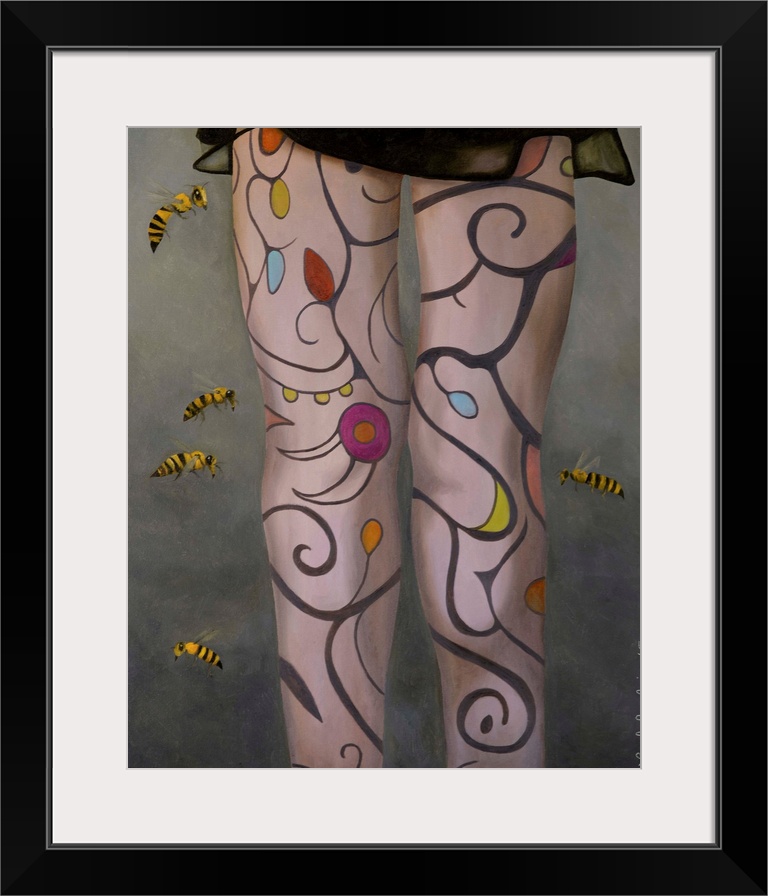 Surrealist painting of a woman's legs with flowers and vines painted on them with bees hovering in the air around them.