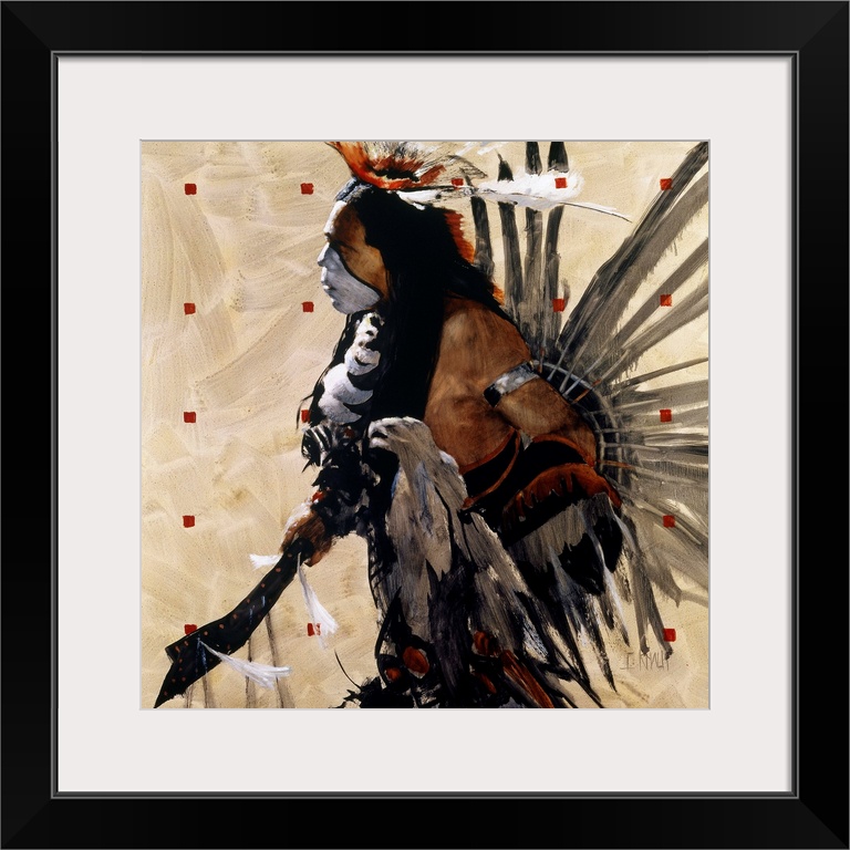 Contemporary western theme painting of a Native American in traditional and ceremonial dress.