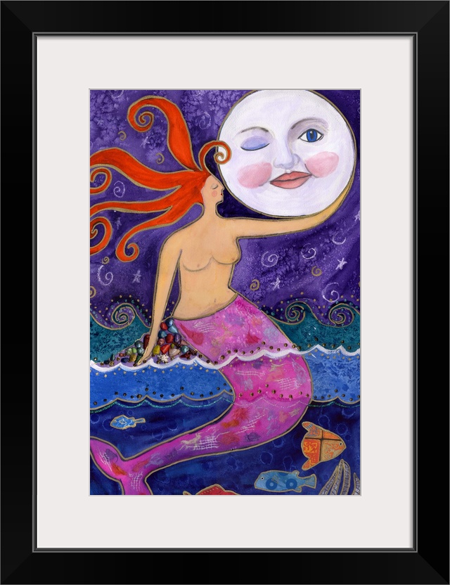 A mermaid with a pink tail holding the moon.