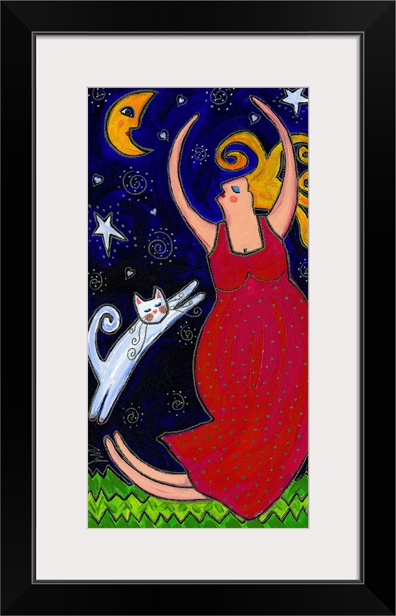 A woman in a red dress with a white cat dancing under the moon.