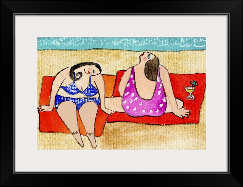 Two women in swimsuits sitting near the ocean on red towels.