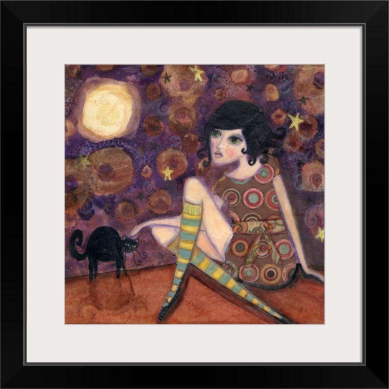 Painting of a girl in a patterned dress petting a black cat under a full moon.