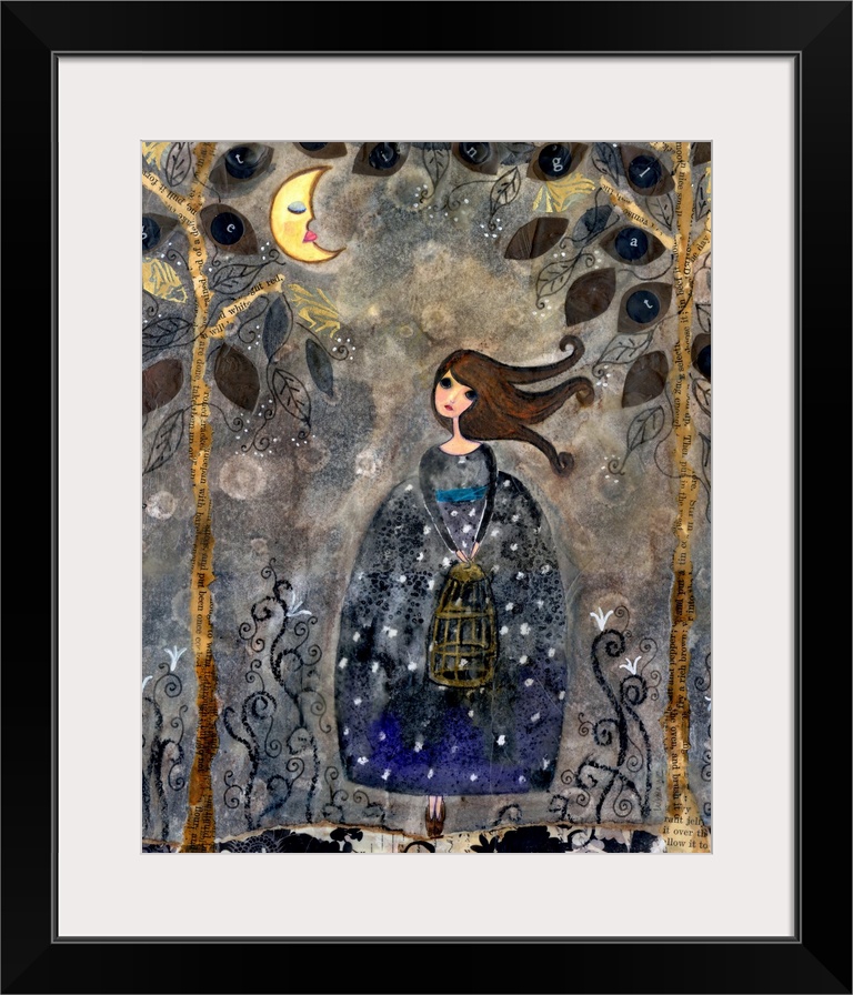 A girl in a dark dotted dress in a forest under the moon.