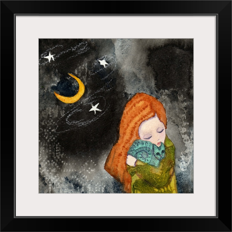 A girl with red hair holding a cat under the moon and stars.