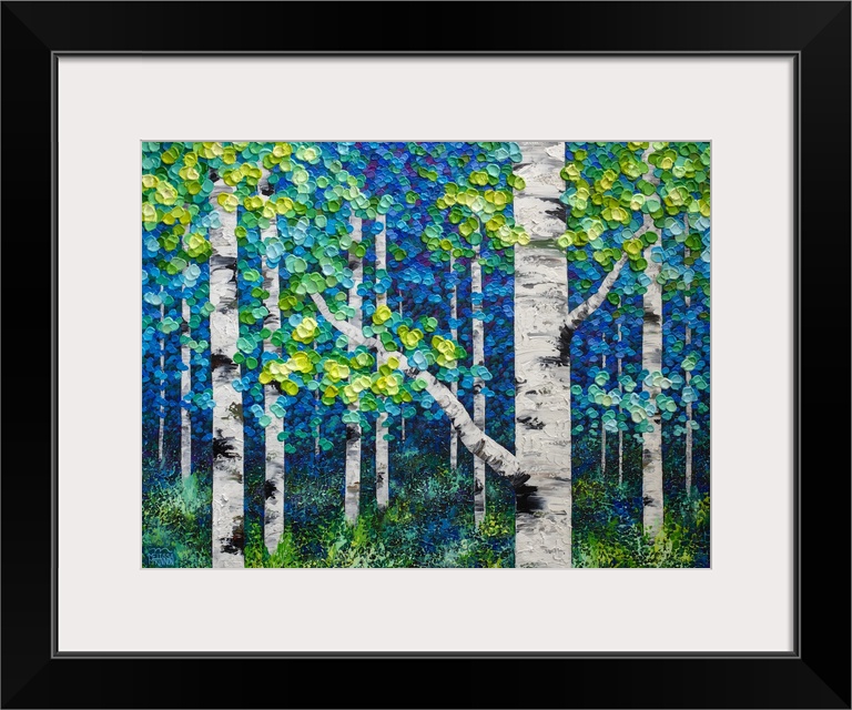 Large original painting of green, blue, yellow aspen trees and birch trees in autumn forest by Canadian abstract landscape...