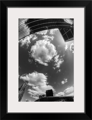 Black and white photograph of the sky in the city