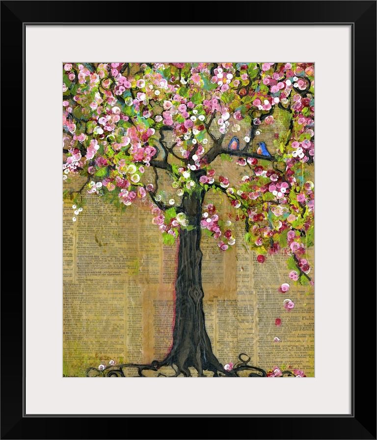 Lighthearted contemporary painting of a flowering tree, against a newsprint background.