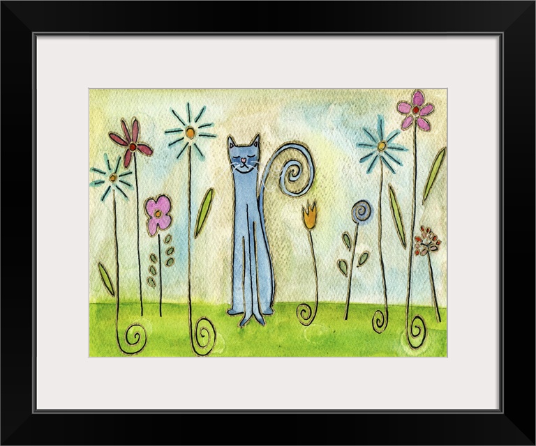 A blue cat sitting among tall flowers in a garden.