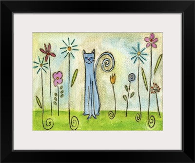 Blue Cat In The Flower Garden