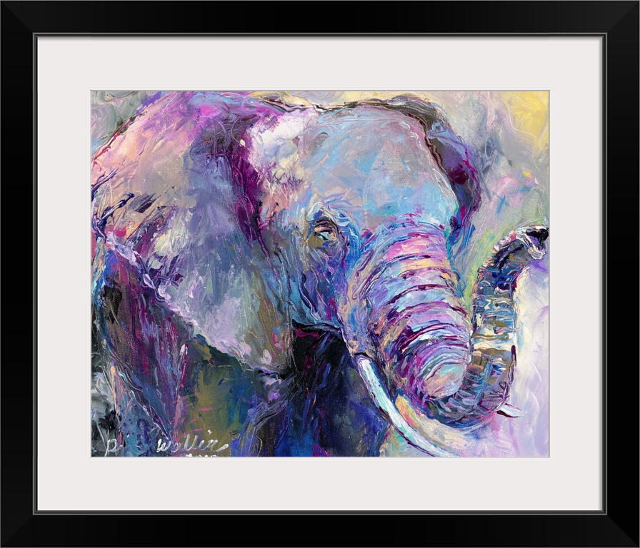 Abstract painting of an elephant with cool tones.