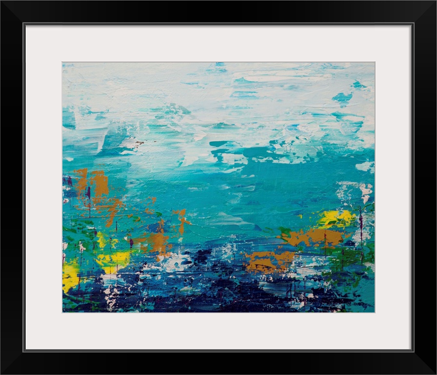 Contemporary abstract painting in turquoise and white.