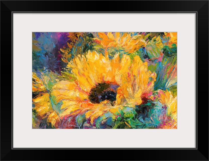 Colorful abstract painting of sunflowers.