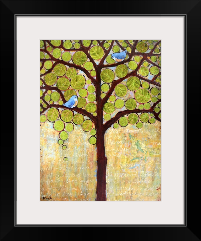 Lighthearted contemporary painting of a tree with blue birds perched on the on the branches.