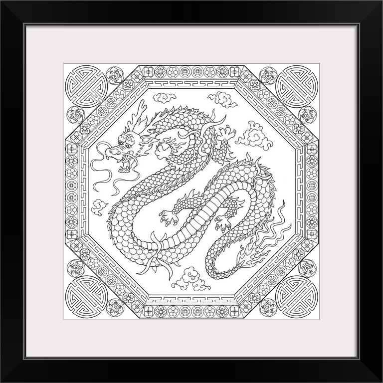 Black and white line art of a uniquely designed octagon with a Chinese dragon inside.