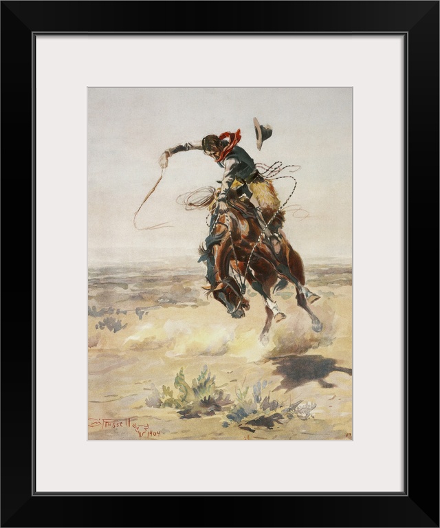 Vintage illustration of a cowboy riding his horse in a desert landscape.