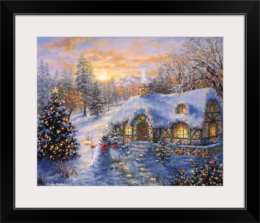Painting of village scene featuring a large Christmas tree. Product is a painting reproduction only, and does not contain ...