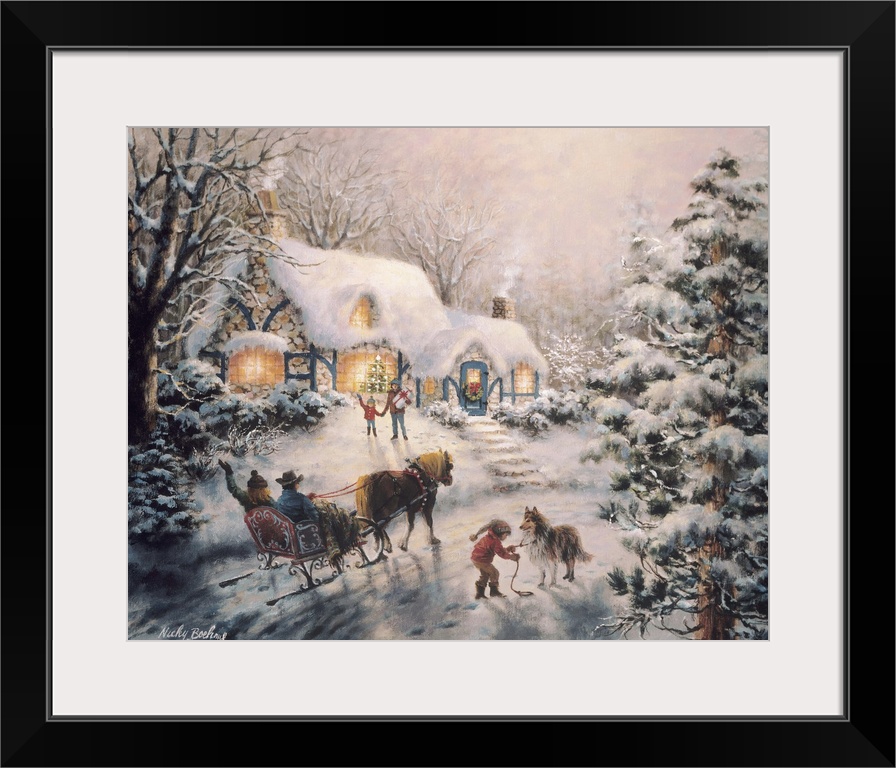 Painting of a snow-covered cottage with a horse-drawn sleigh outside. Product is a painting reproduction only, and does no...