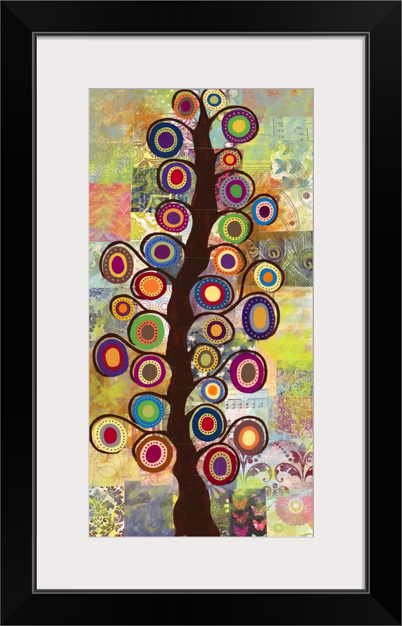 Contemporary folk art painting of a tree with curled branches and round flowers on a patchwork-style background.