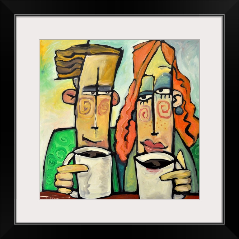 Square painting of two cartoon like figures enjoying mugs of coffee.