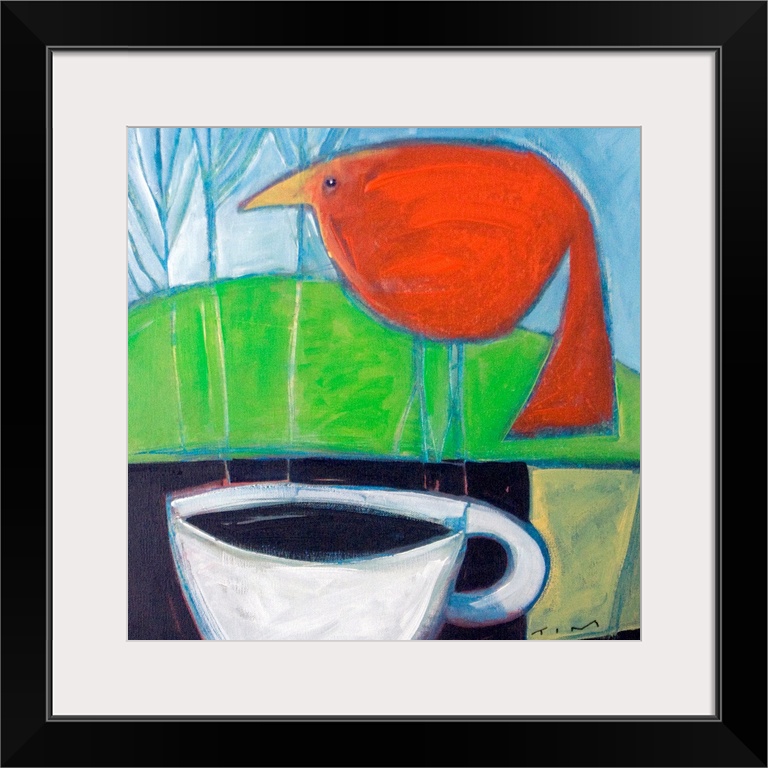 Square artwork on large canvas of a big red bird perching on a ledge in front of a hillside.  A large cup of coffee sits o...