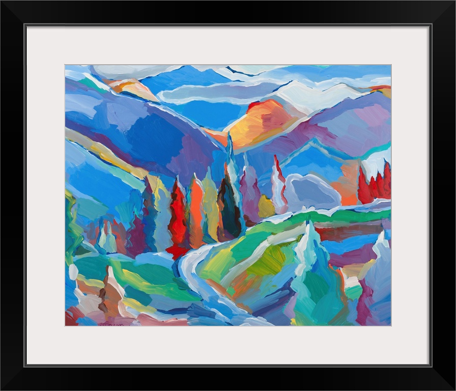 Colorful abstract landscape with trees and mountains.