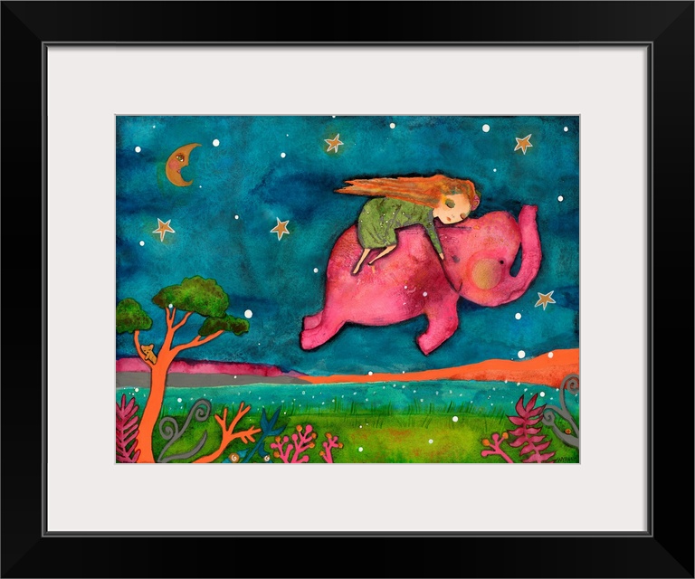 A girl on a pink elephant flying through the night sky.