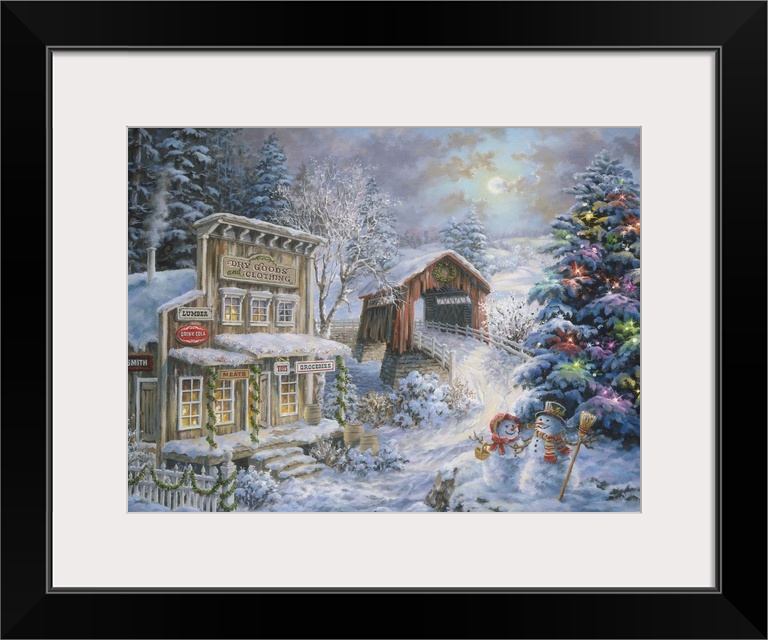 Painting of village scene featuring a large Christmas tree. Product is a painting reproduction only, and does not contain ...