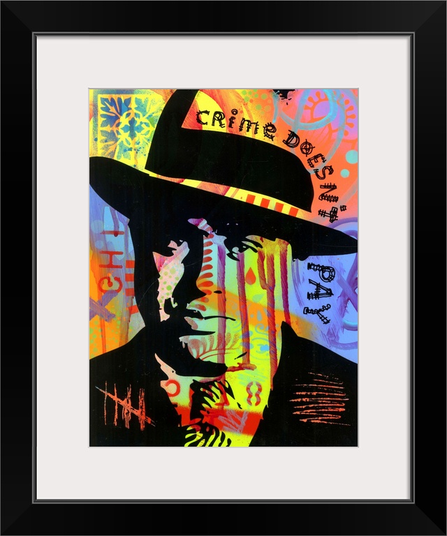 Pop art style illustration of Al Capone on a colorful graffiti background with "Crime Doesn't Pay" handwritten along the s...