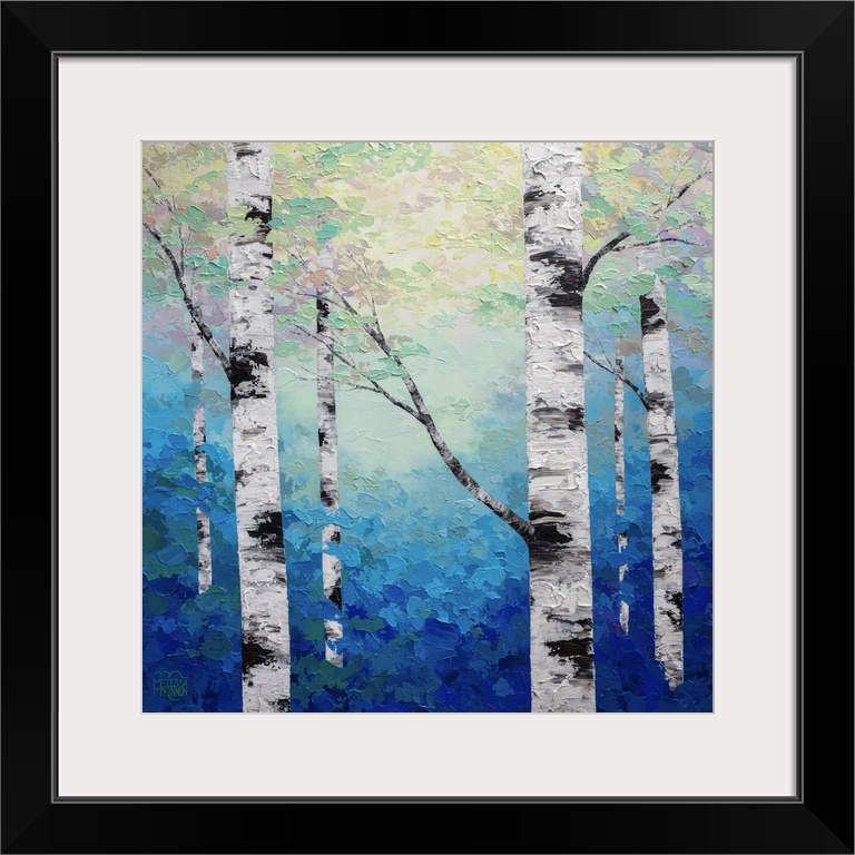 Ethereal blue forest landscape painting of aspen trees and birch trees in sunlight Giclee art print on canvas by contempor...