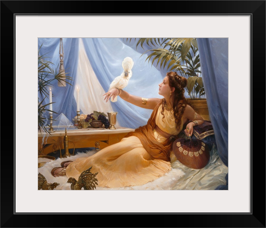 woman lying on divan in tent with cockatoo on her arm