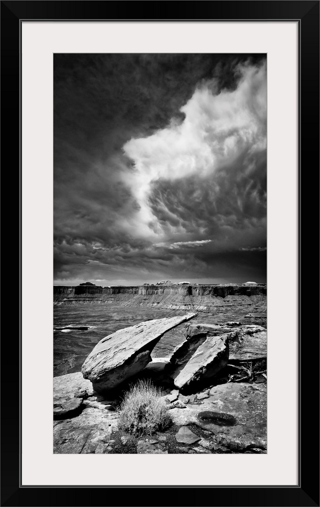 Desert, mountains, clouds, black and white photography