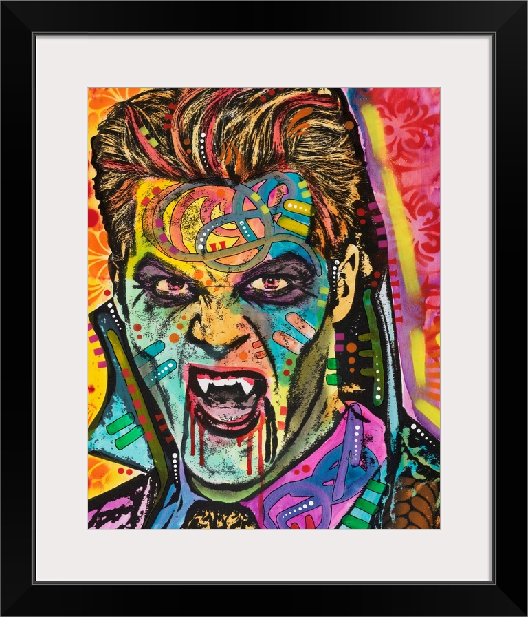 Pop art style painting of Dracula in different colors and abstract designs.