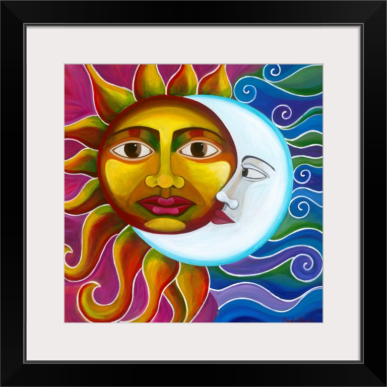 Contemporary painting of a sun and moon together making one figure.