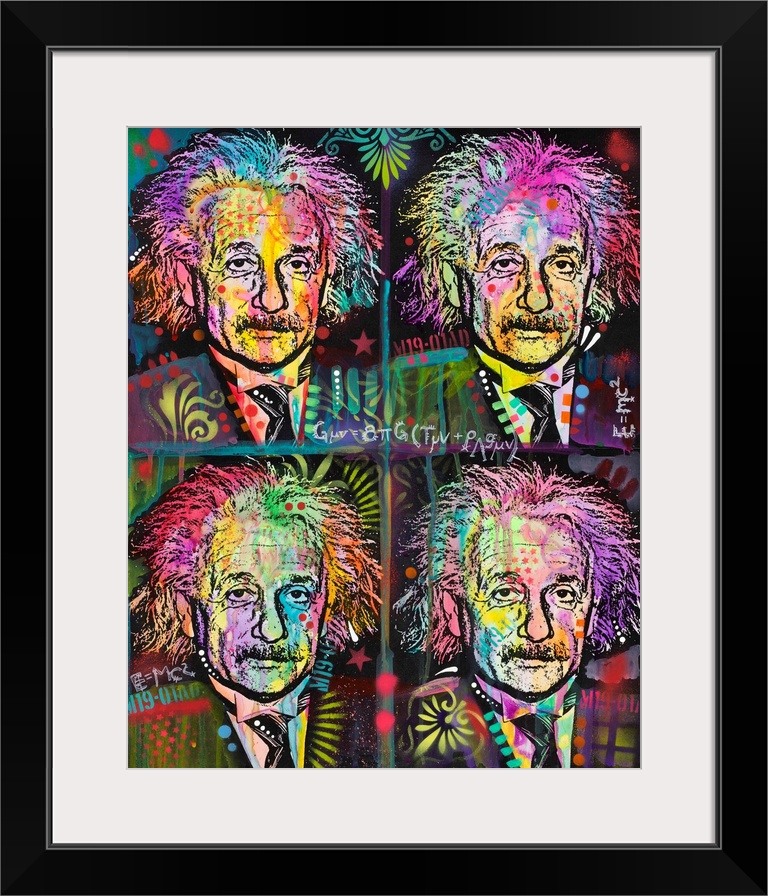 Graffiti styled painting of 4 Albert Einsteins in rows with colorful abstract designs all over.